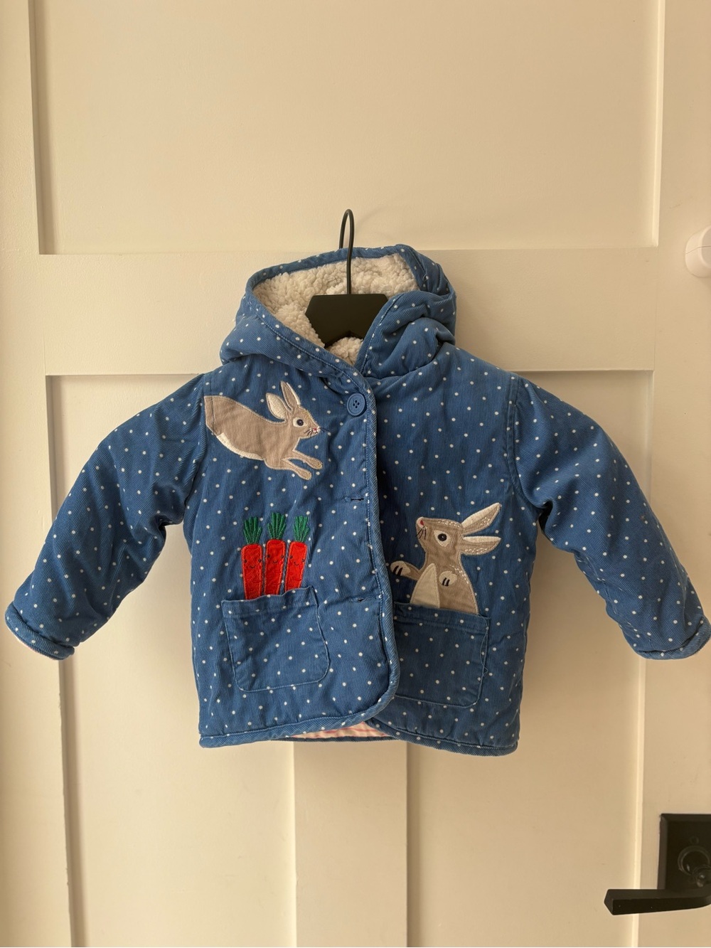 Mini Boden Blue Polka Dot Hooded coat with Bunny & Carrot Appliqués
